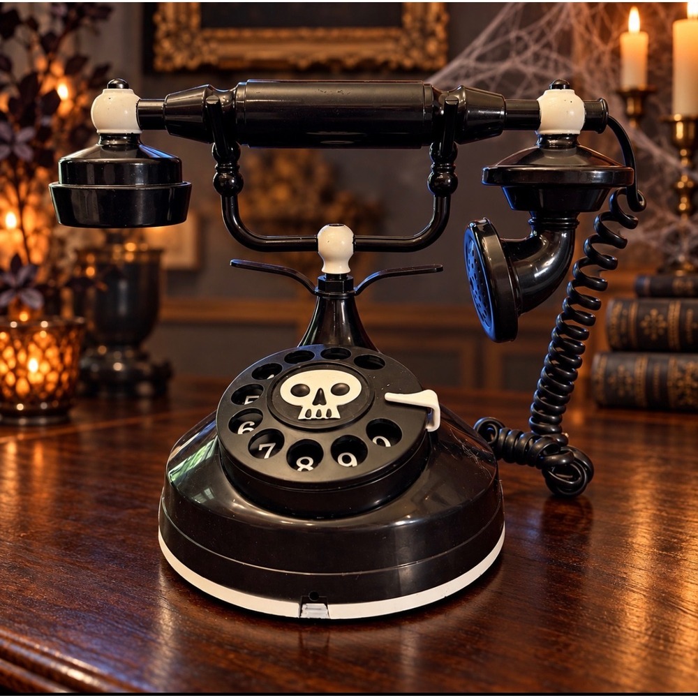 Vintage Style Skull Rotary Telephone Black Gothic Horror Decor Phone Accessory